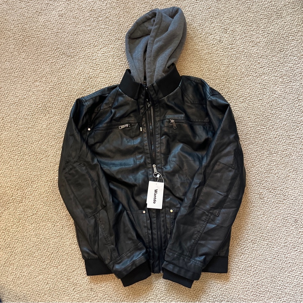 Wantdo Mens Black Removable Hood Leather Waterproof Motorcycle Jacket Size XL